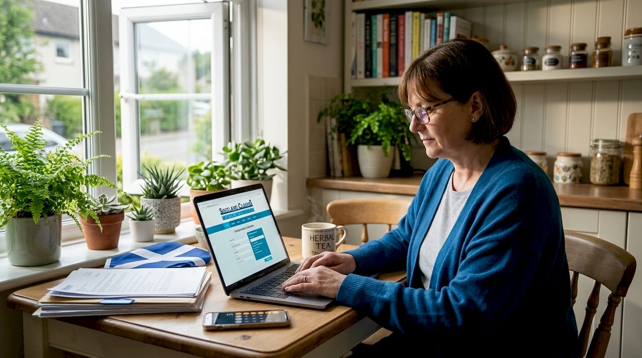 Person calculating compensation in home setting