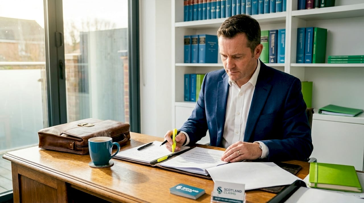 Lawyer reviewing legal documents in office