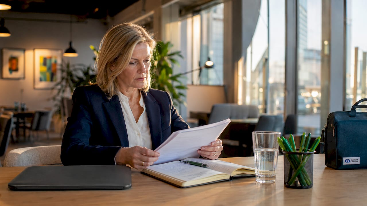 Solicitor reviewing personal injury claim paperwork in office