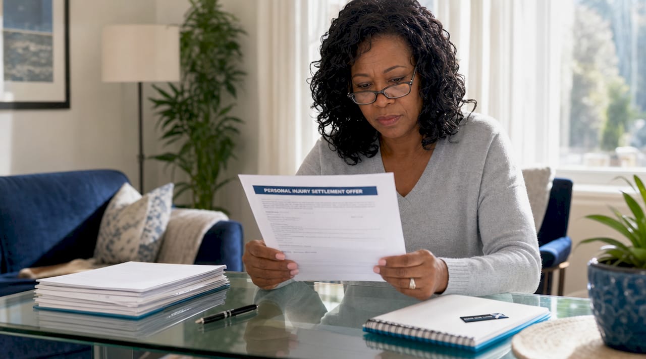 Woman reviewing settlement offer at home desk