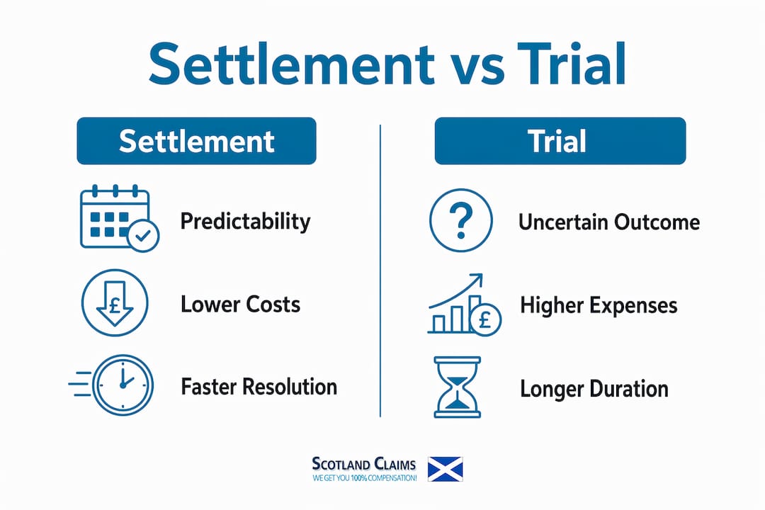 Infographic comparing settlement and trial factors