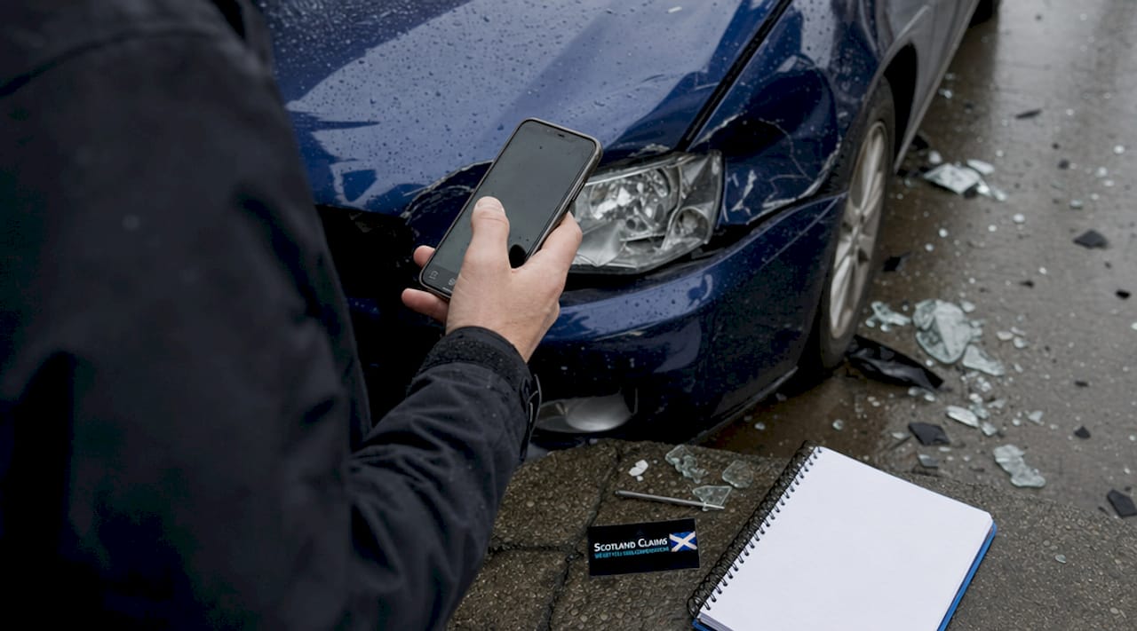 Hand dialing emergency after car accident on wet road