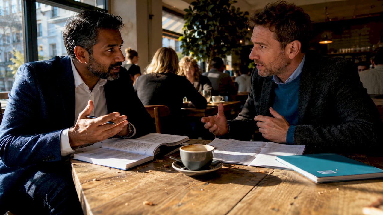 Two men discussing Scots legal principles at library table