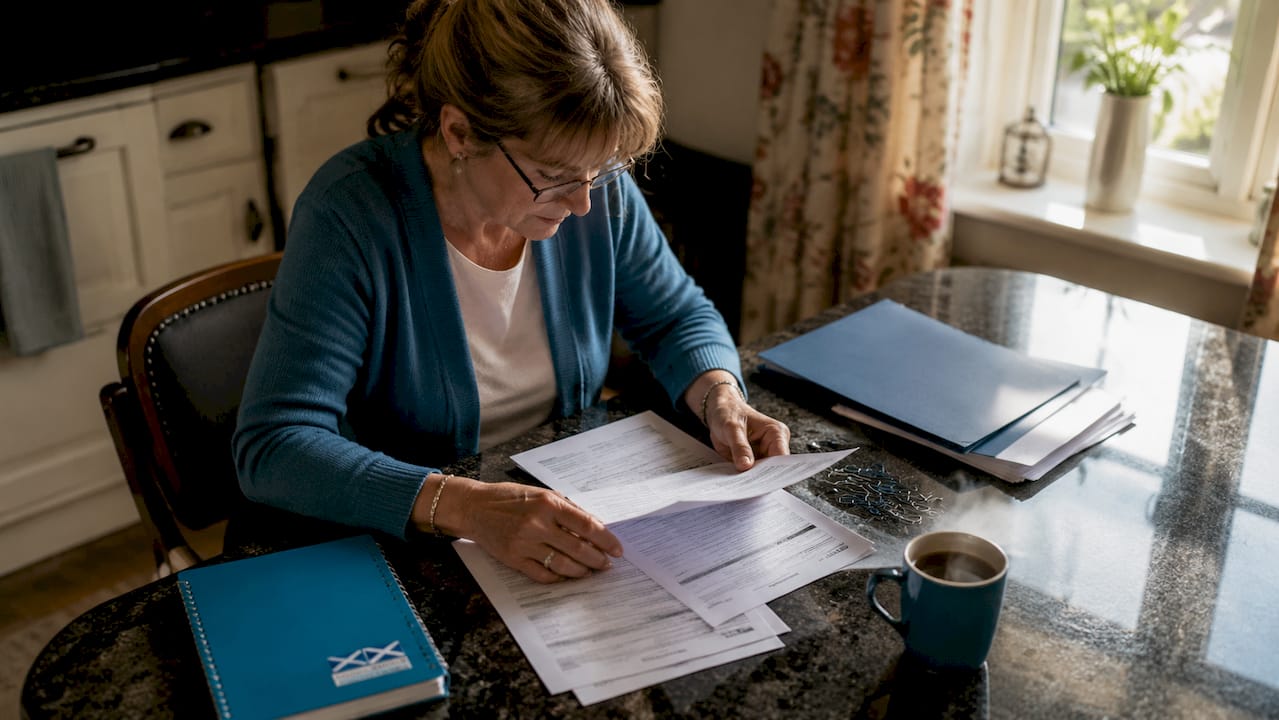 Person reviewing legal insurance documents in home study