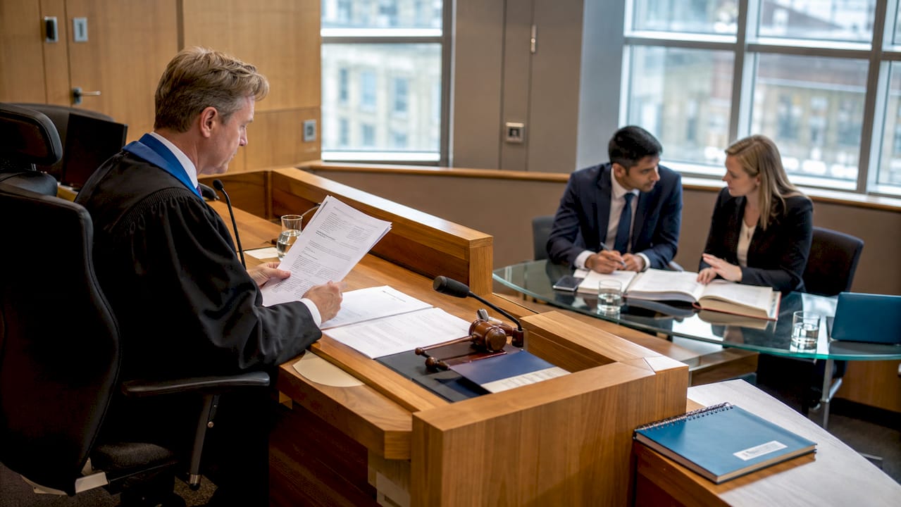 Judge reviewing court papers in courtroom