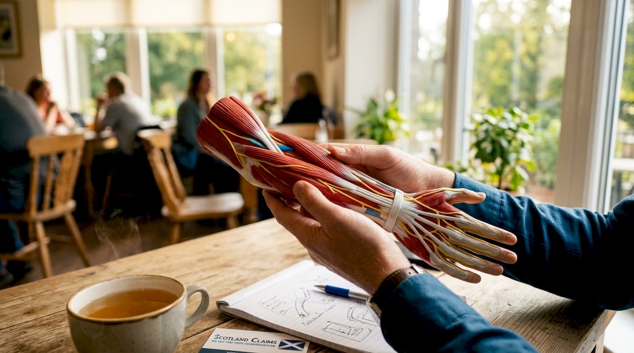 Hands holding forearm anatomical model