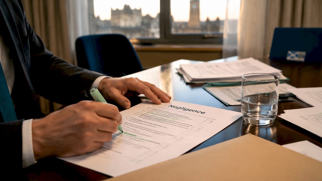 Hands reviewing legal documents for injury claim