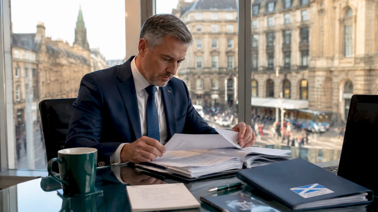 Scottish solicitor reviewing injury case file at desk