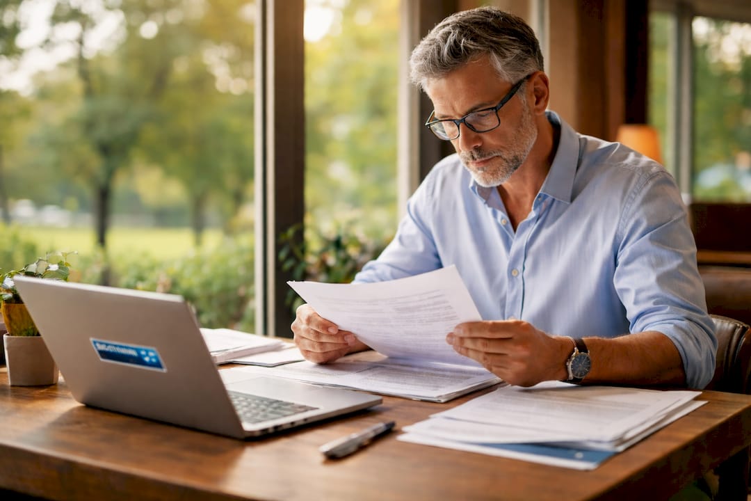 Legal expert reviewing case documents at desk
