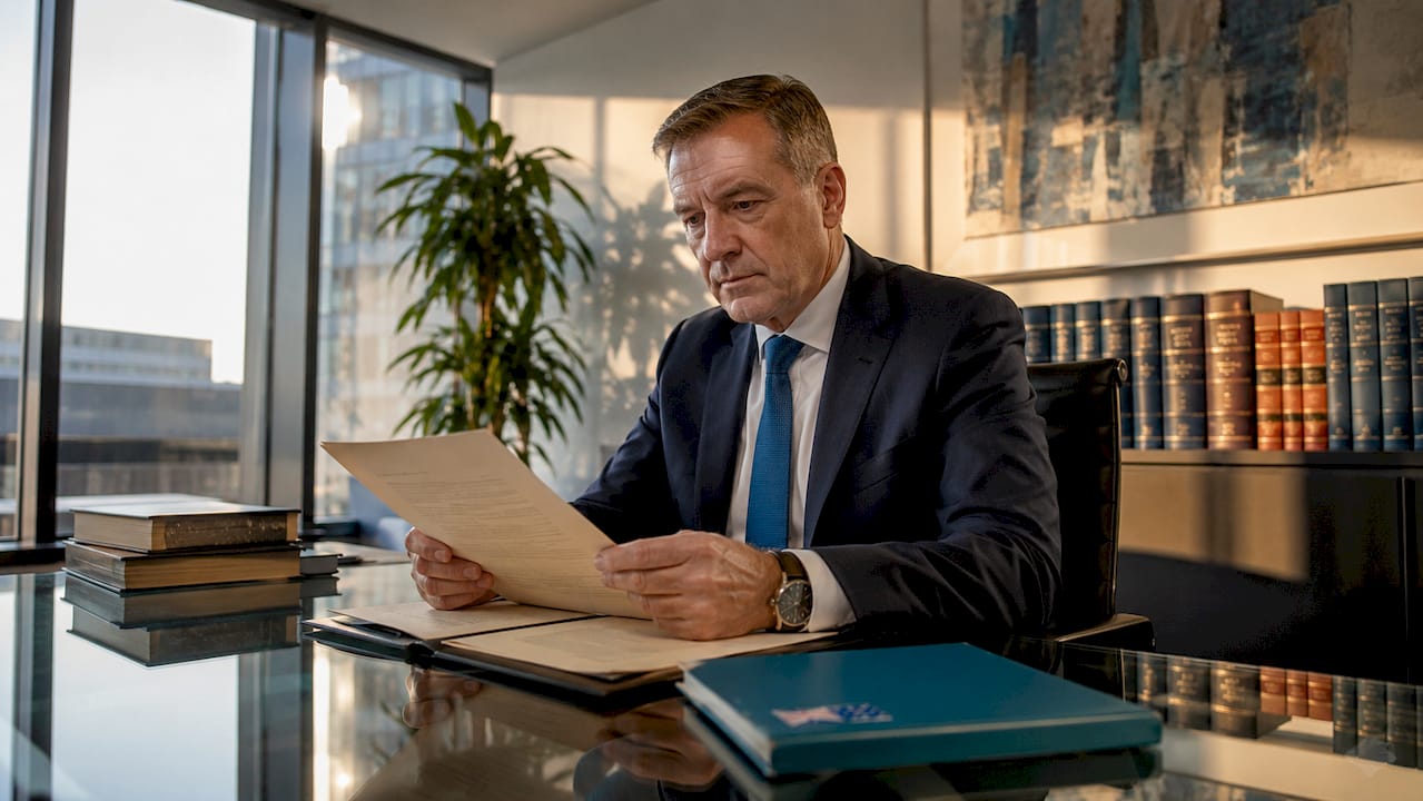Solicitor reviewing settlement agreement contract in office