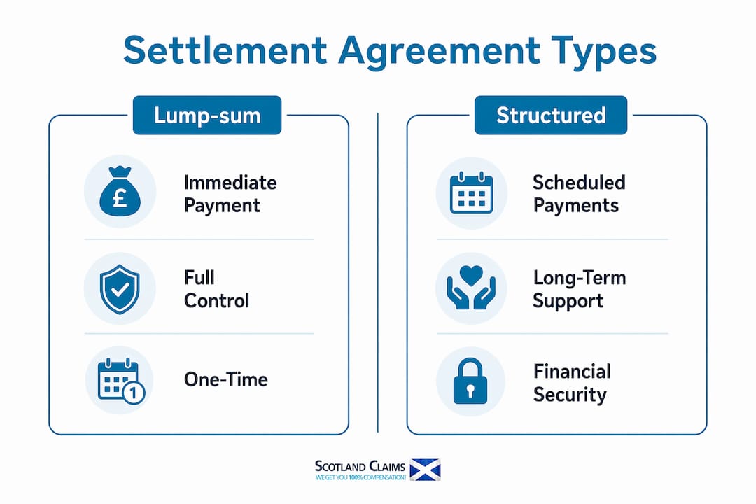 Infographic comparing lump-sum and structured settlement types in personal injury claims