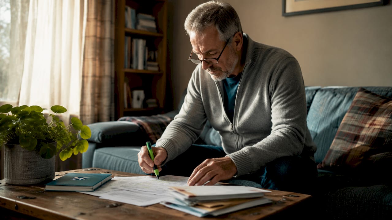 Man reviewing injury compensation papers at home