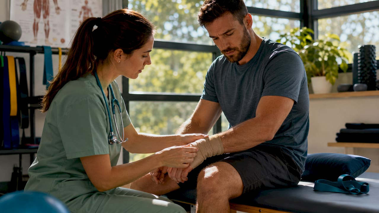 Doctor examining patient's injured arm