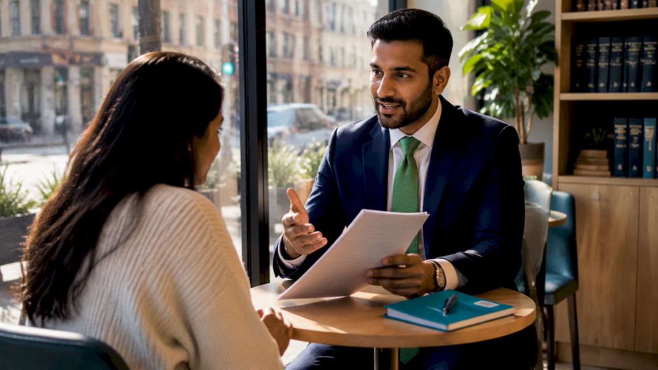 Solicitor explaining zero fee agreement to client