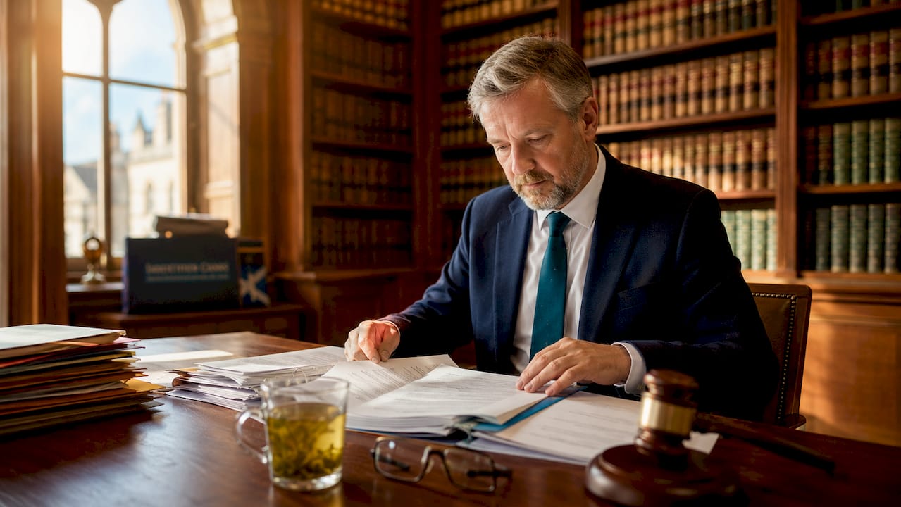 Scottish solicitor reviewing legal case files