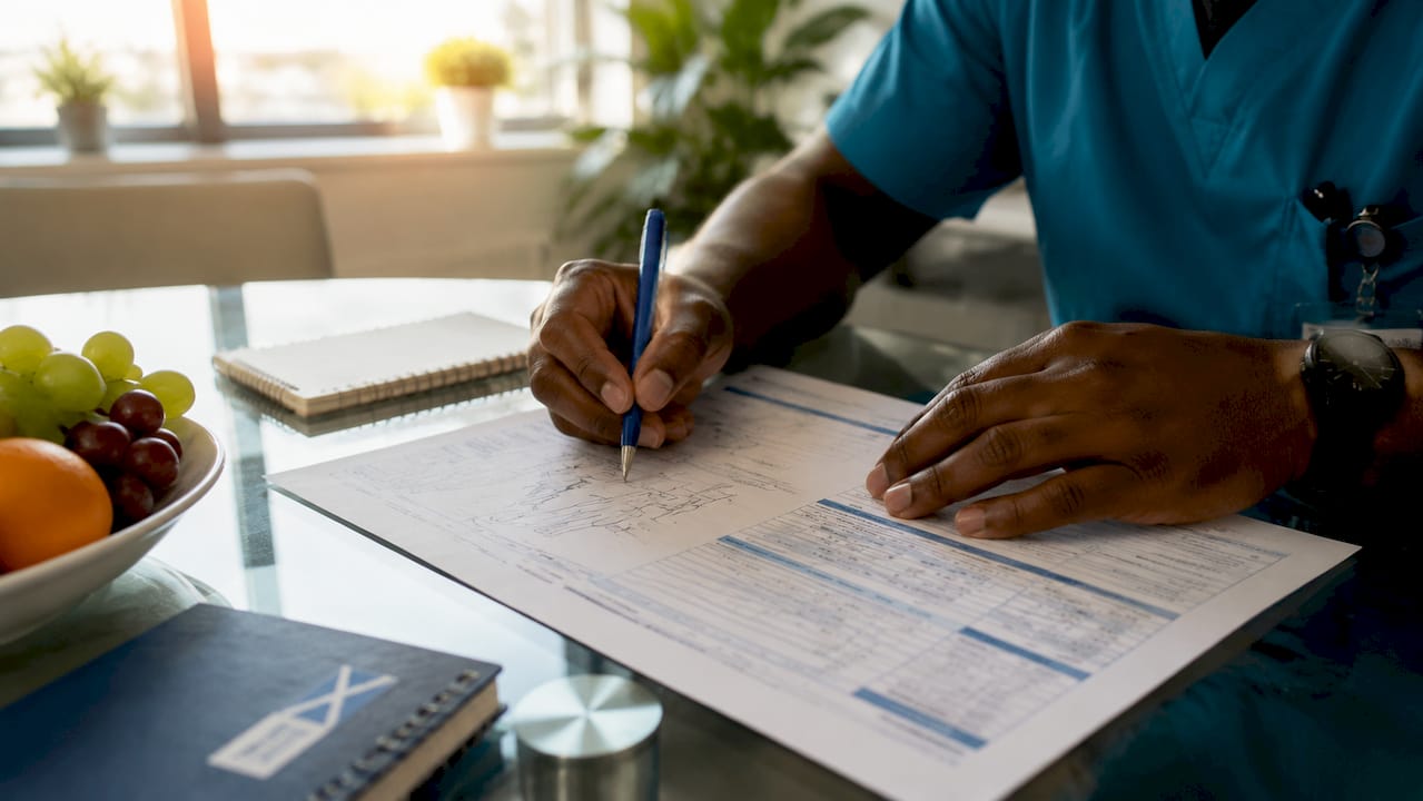 Medical examiner annotating injury score chart