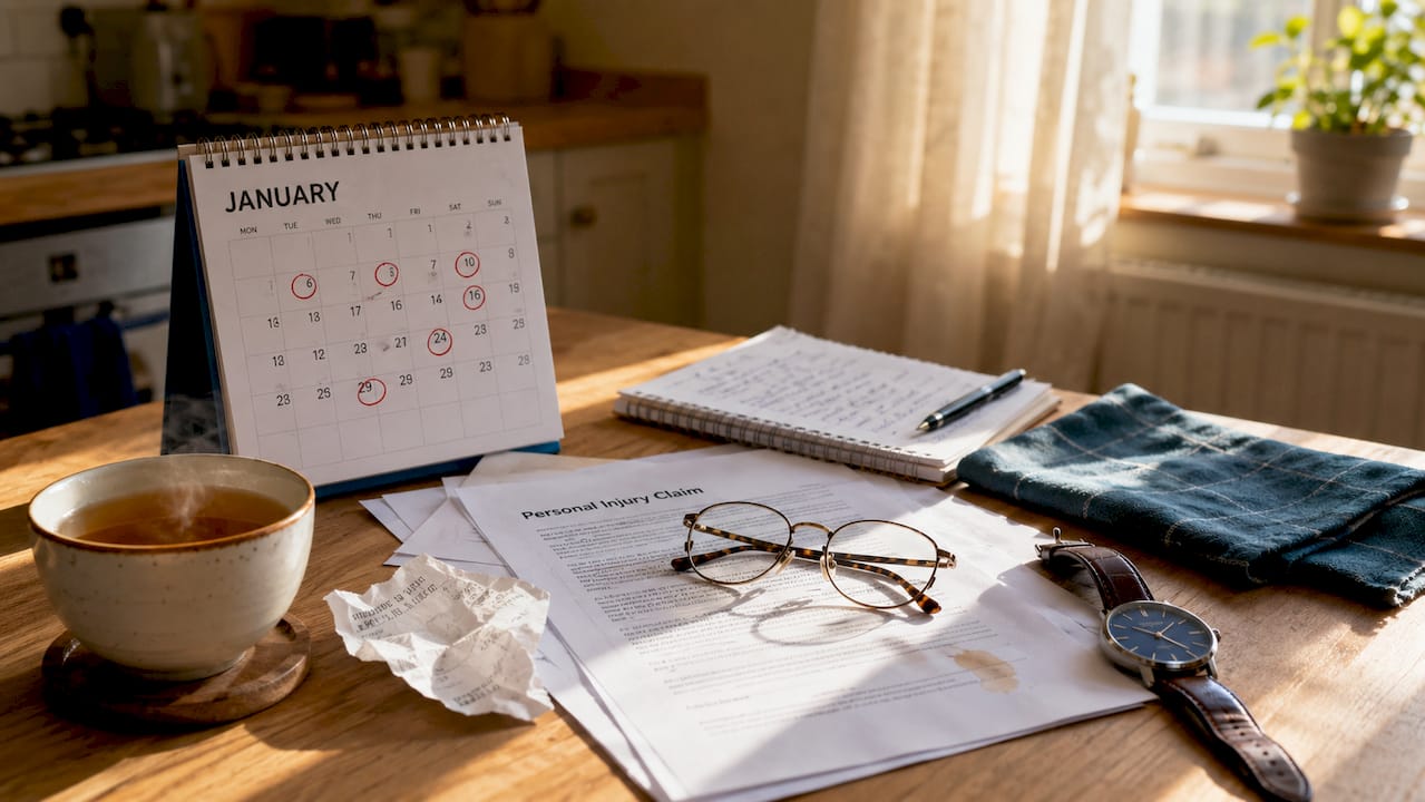 Calendar and legal documents on wooden table