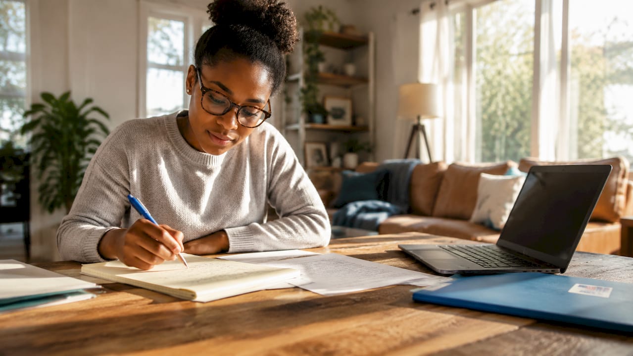 Person writing witness statement at kitchen table