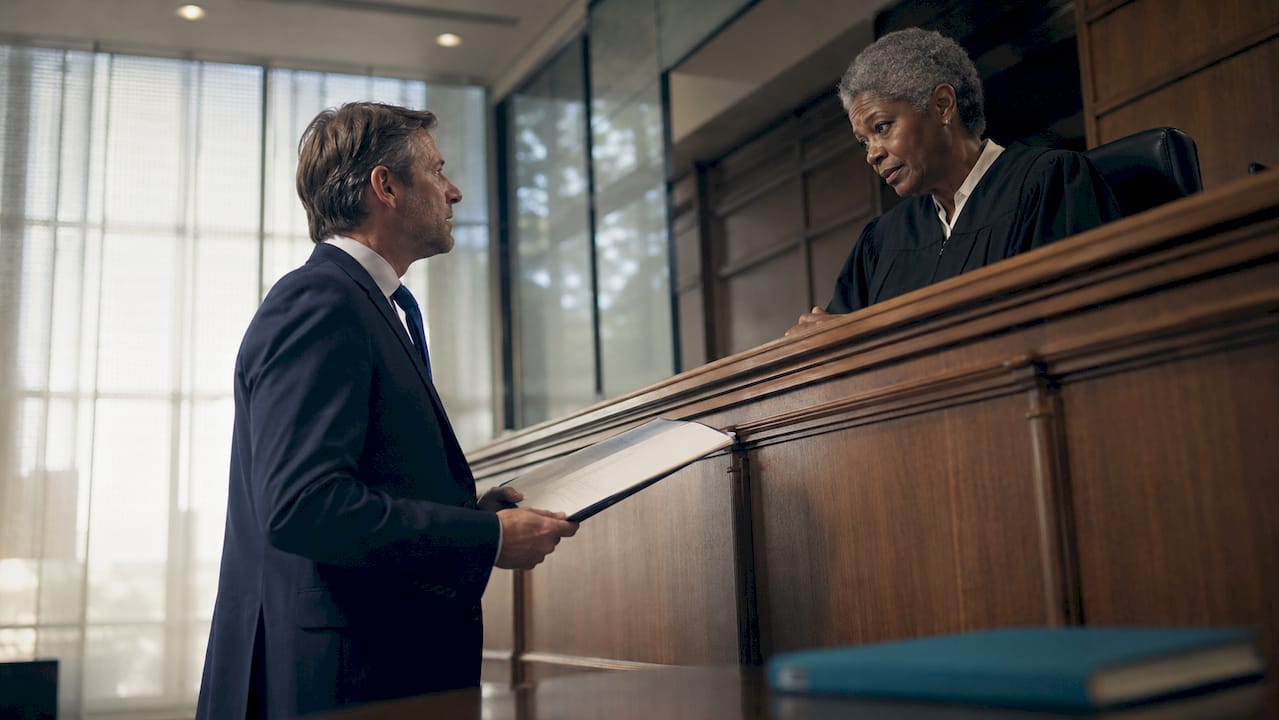 Lawyer presenting evidence in courtroom trial
