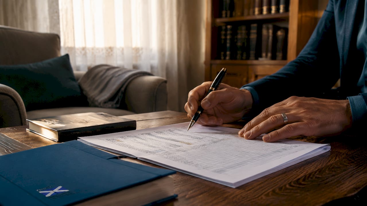 Close-up of hands with compensation documents