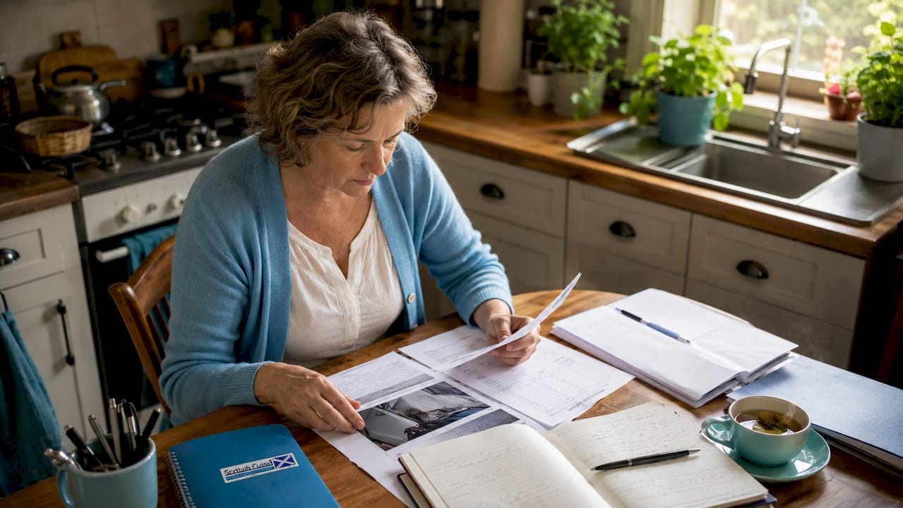 Woman reviewing injury claim documents at desk