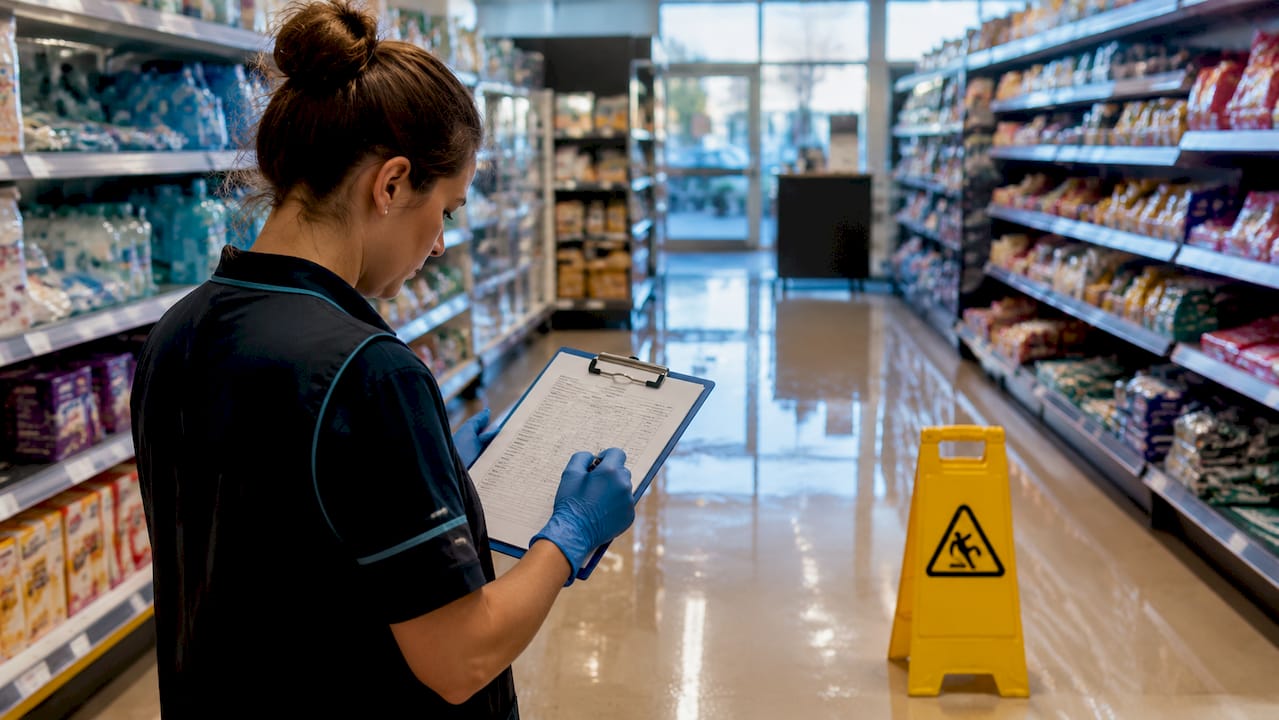 Employee conducting supermarket safety inspection checklist