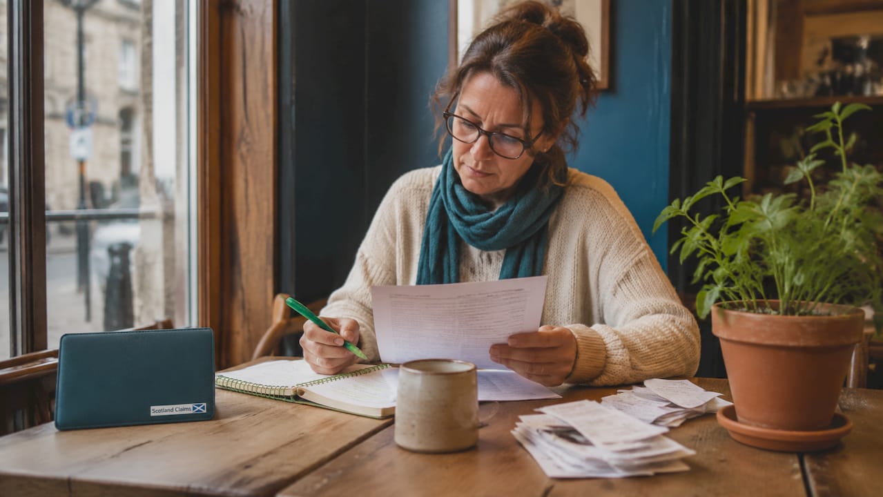 Woman reviewing supermarket injury claim papers at home