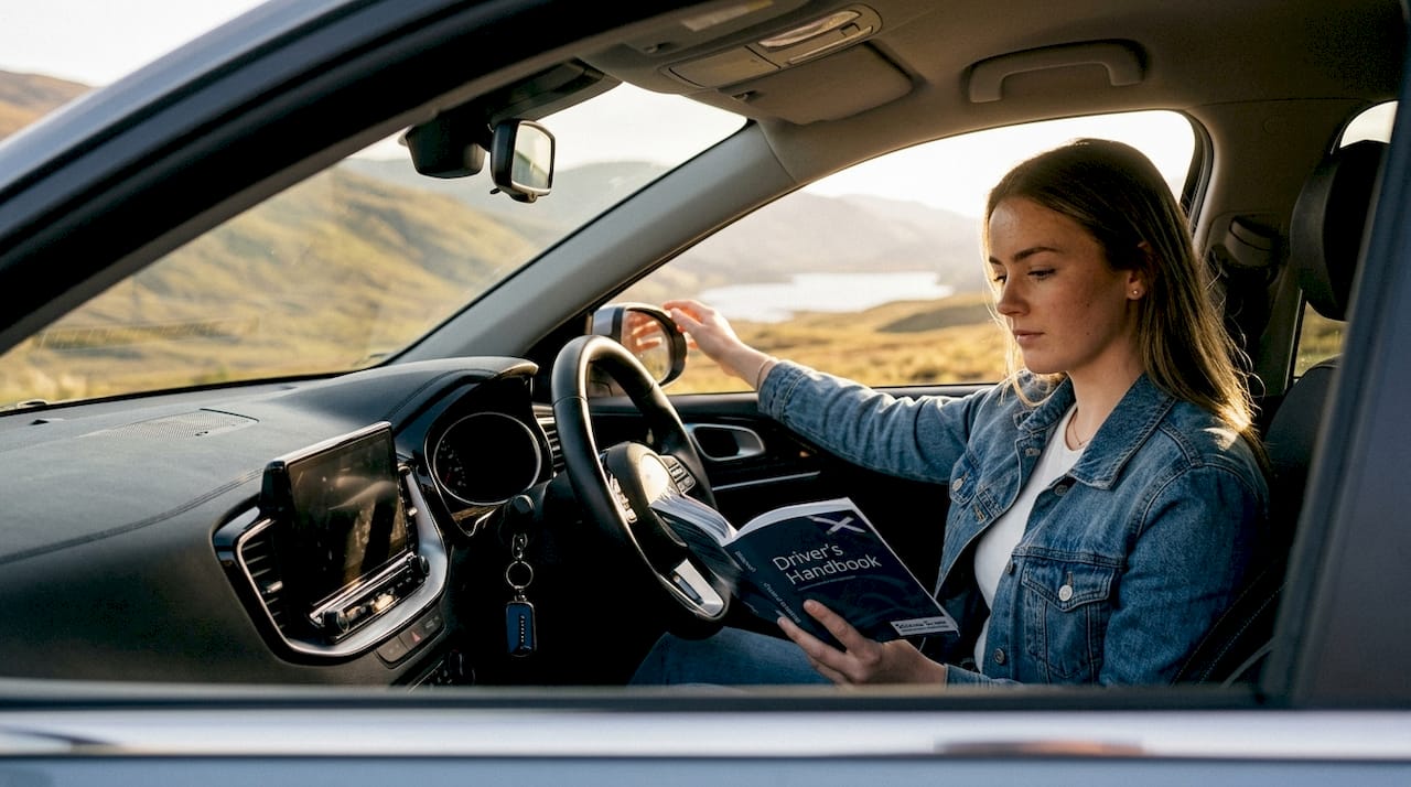 Young driver preparing in parked car
