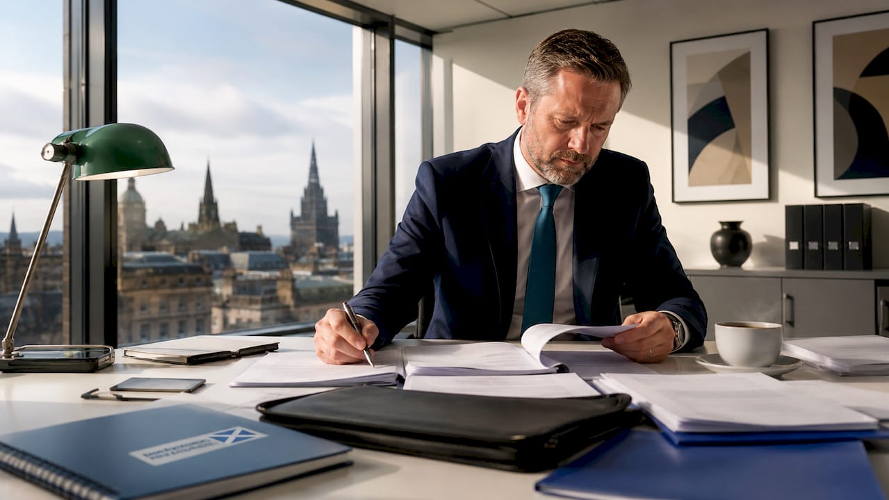 Scottish lawyer reviewing case files at desk in office