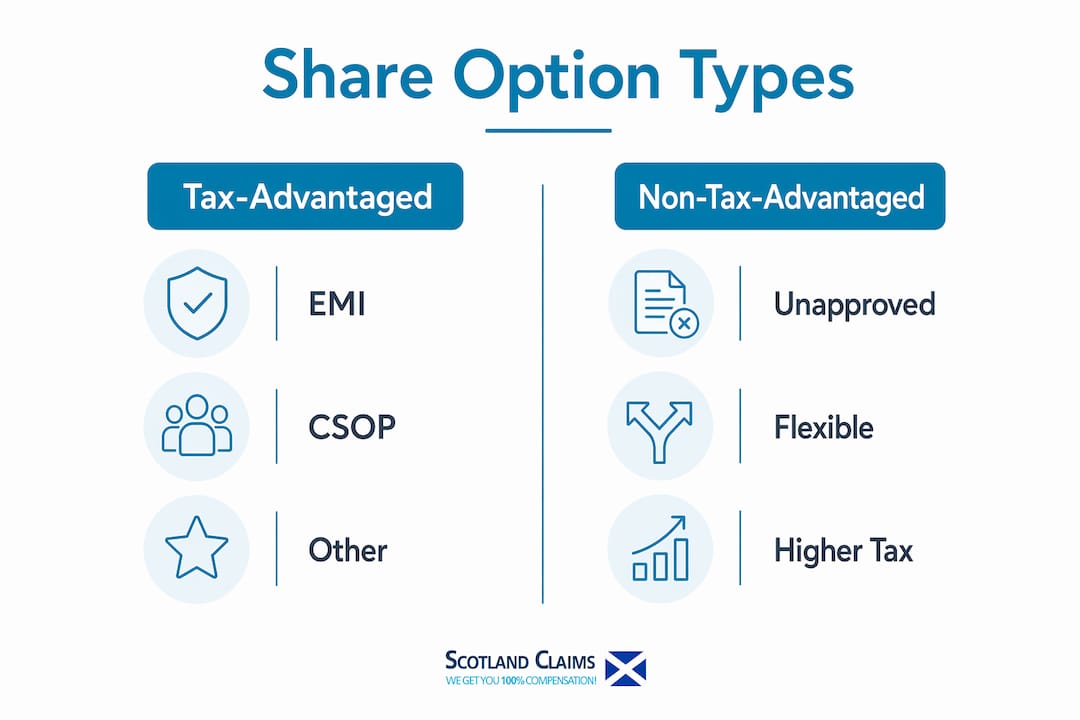 Infographic comparing tax-advantaged and non-tax-advantaged share options
