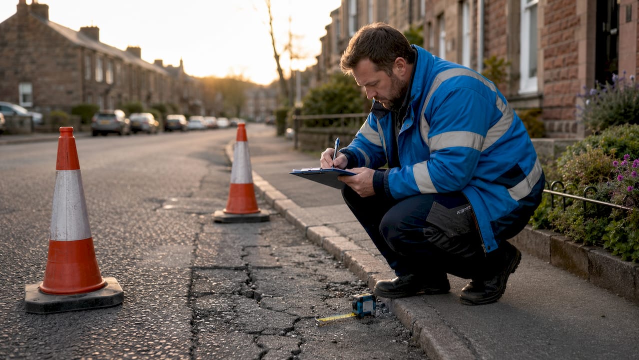 Council worker measuring cracked pavement segment