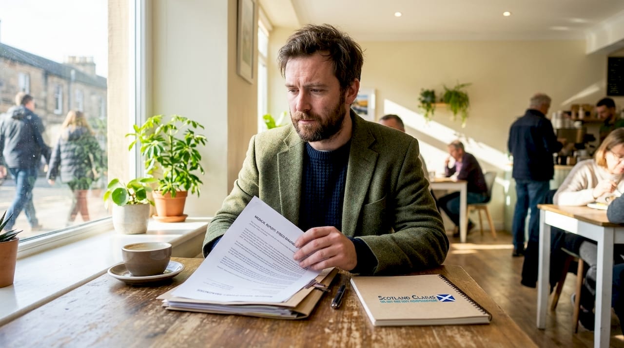 Man reviewing medical report in break room