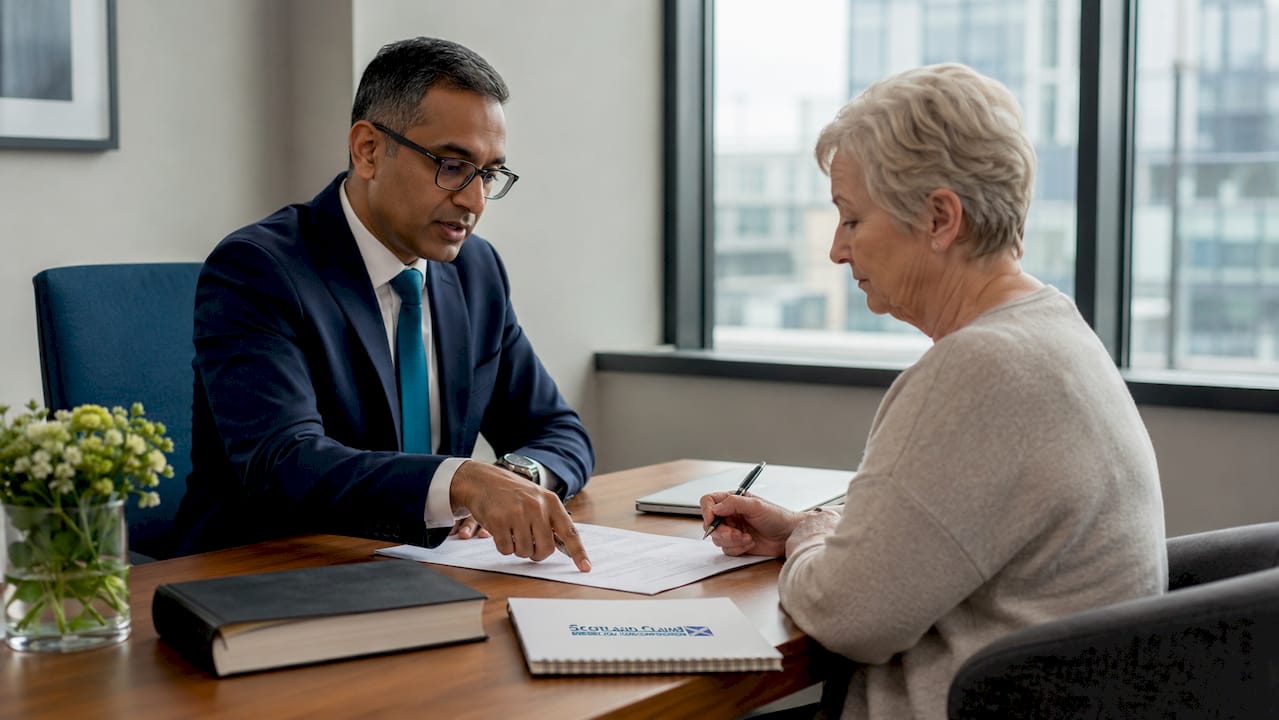 Solicitor explaining legal duty of care to patient in office