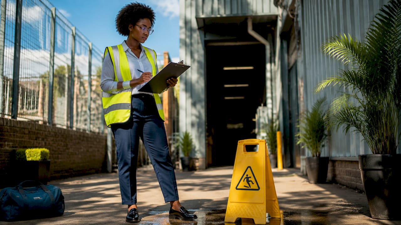 Woman inspecting and reporting workplace safety hazard