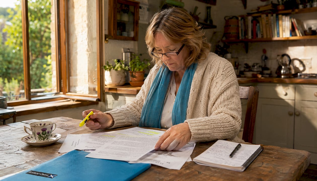 Woman reviewing inheritance claim papers at kitchen table