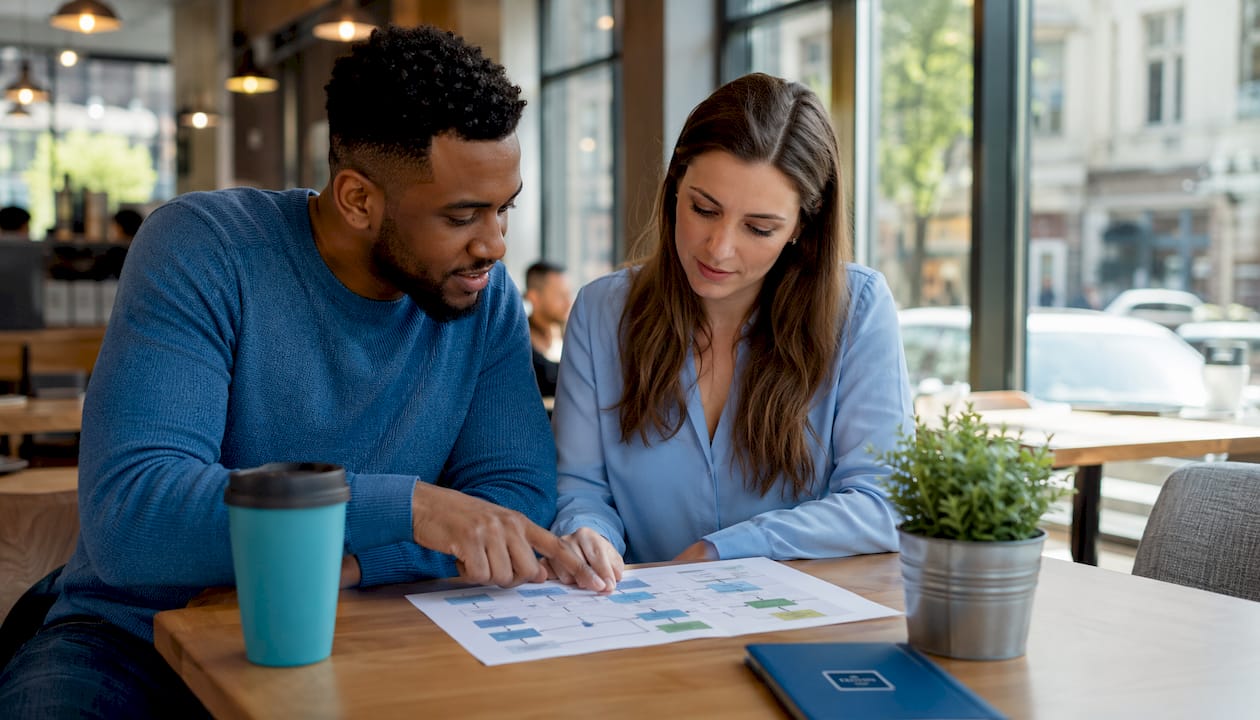 Hands pointing at divorce process flowchart on table