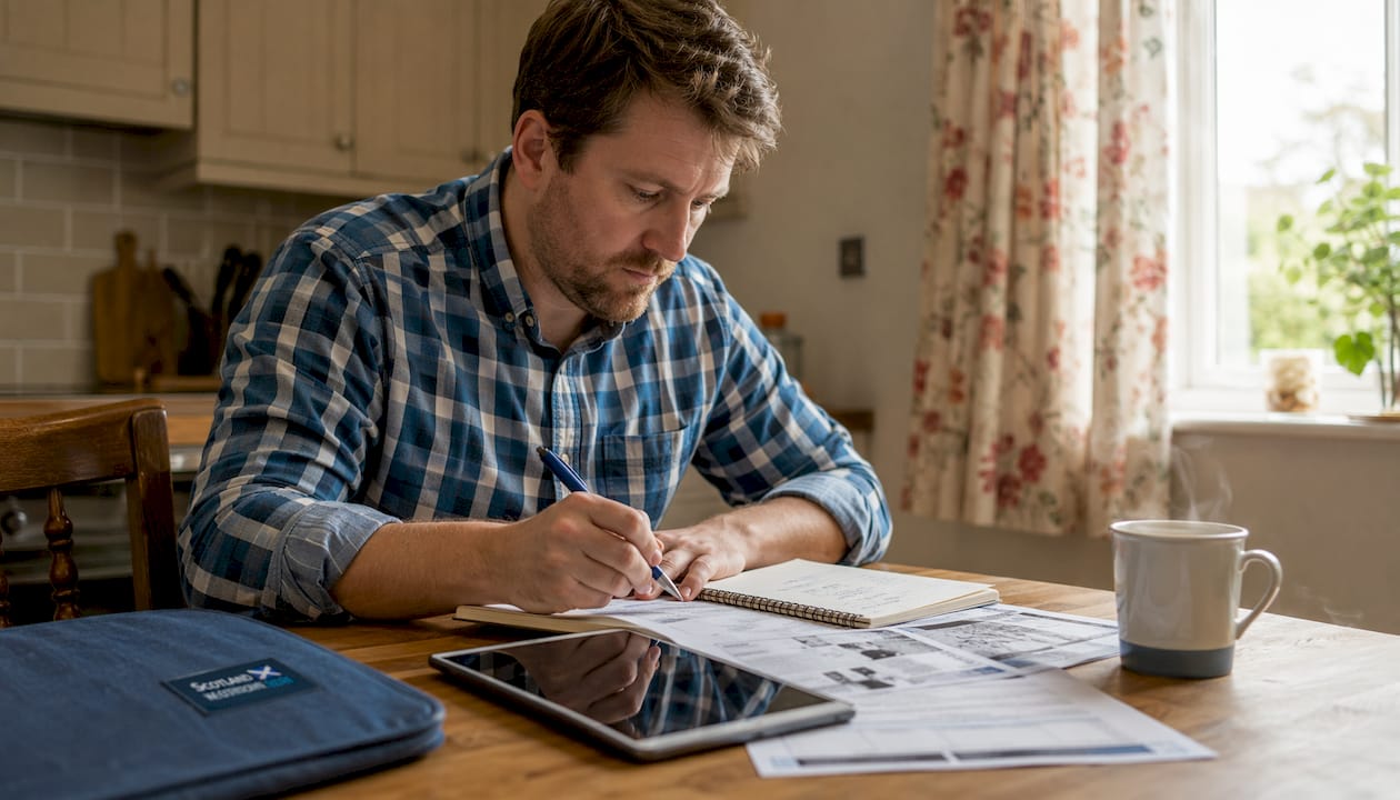 Man filling pedestrian claim forms at home desk