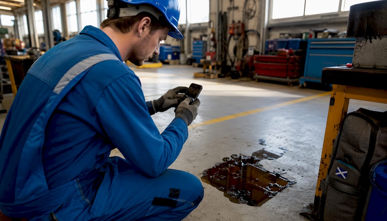 Hands photographing workplace accident hazard