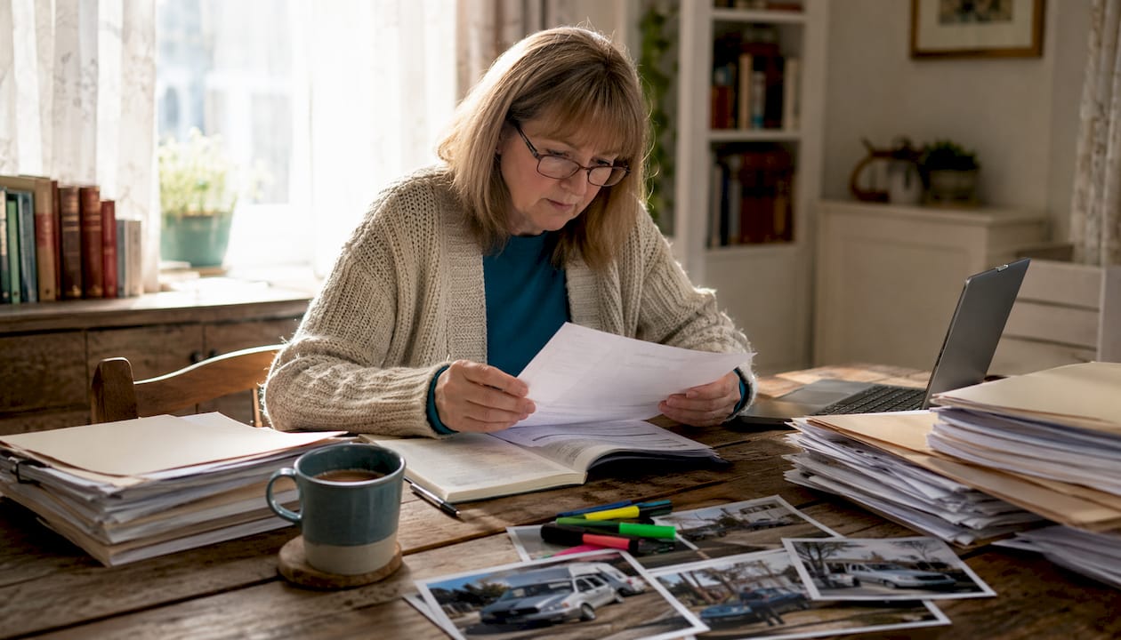 Woman organising accident claim paperwork at home