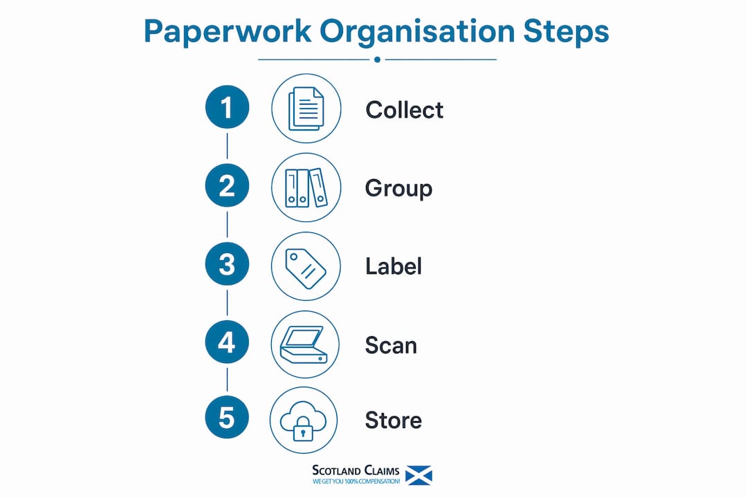 Infographic illustrating five steps to organise claim paperwork