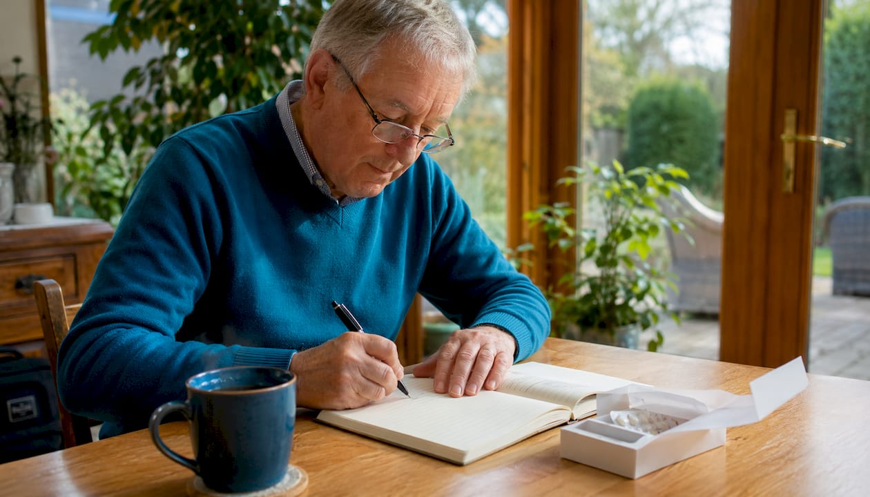 Hands writing in daily pain diary at kitchen table