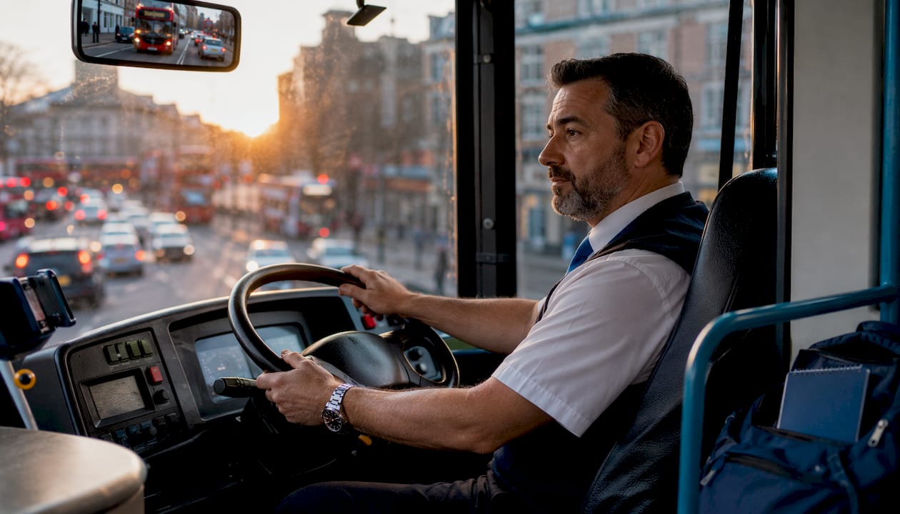 Bus driver in cabin at steering wheel