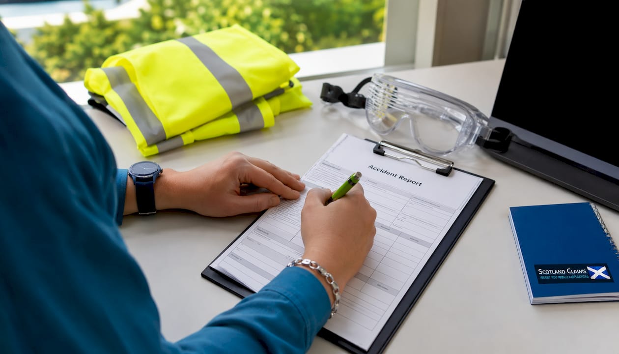 Hands completing workplace accident report paperwork