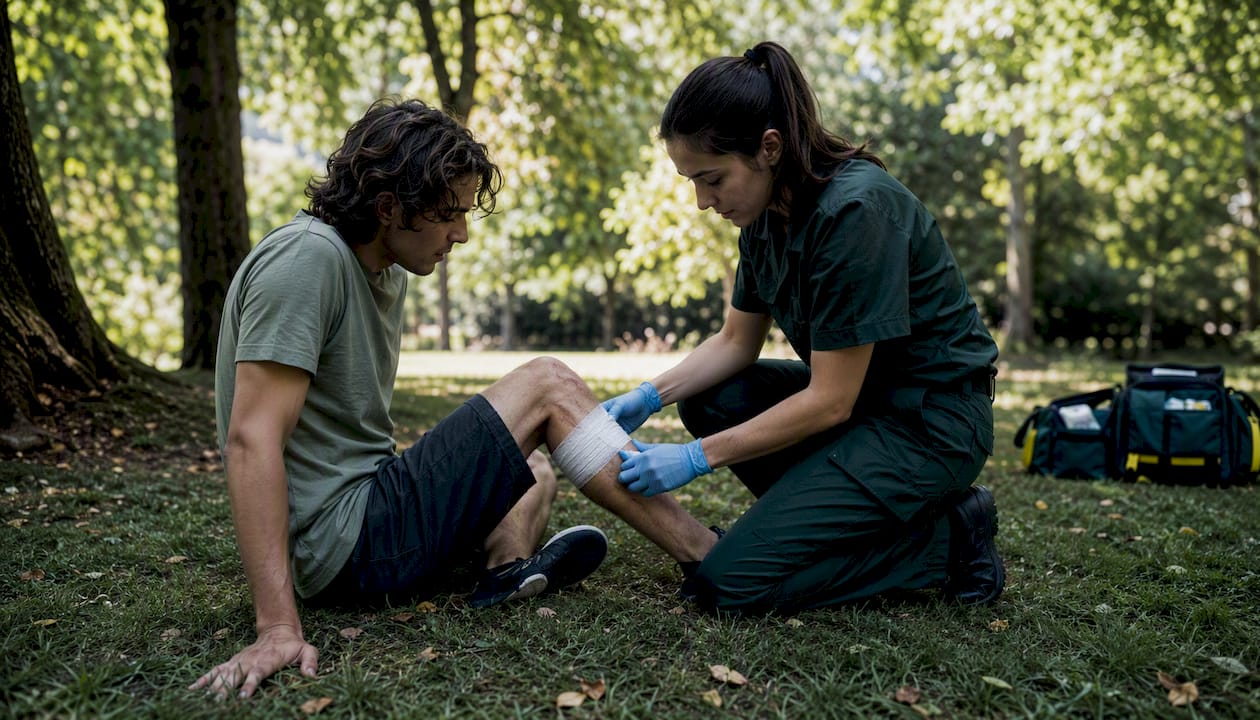 Paramedic treating pedestrian injury outdoors