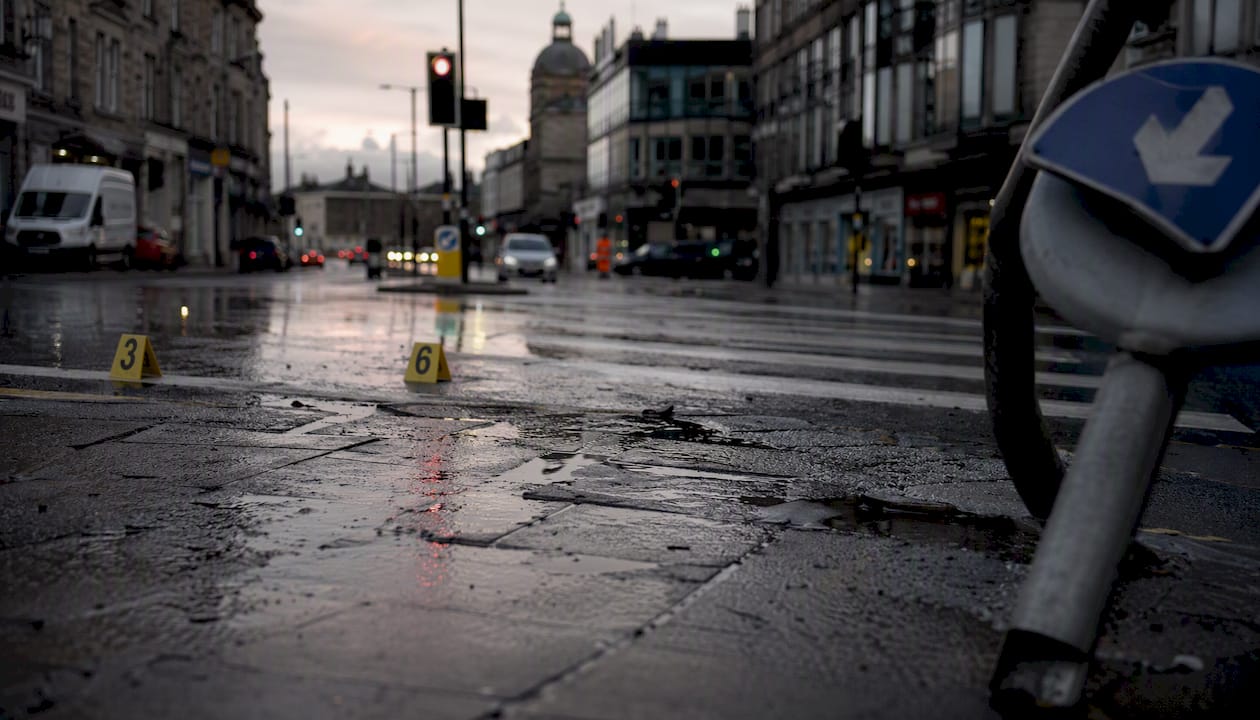 Scottish street crosswalk with accident aftermath details