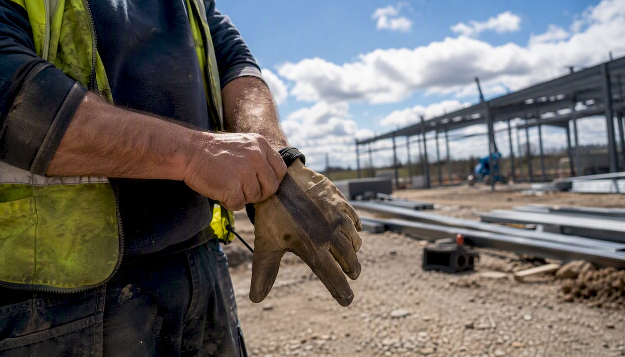 Hands putting on construction safety gloves