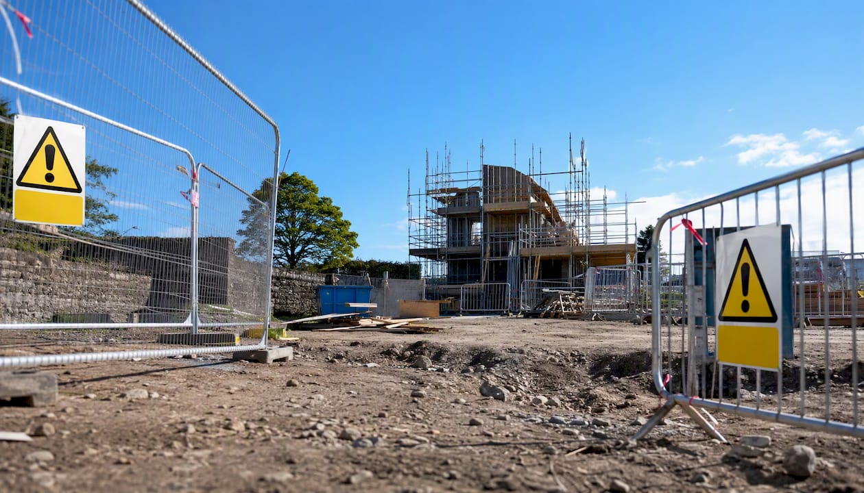 Empty construction site cordoned with barrier and signs