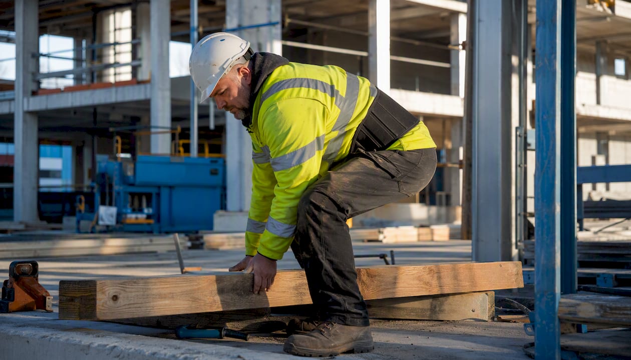 Construction worker lifting wood with back support belt