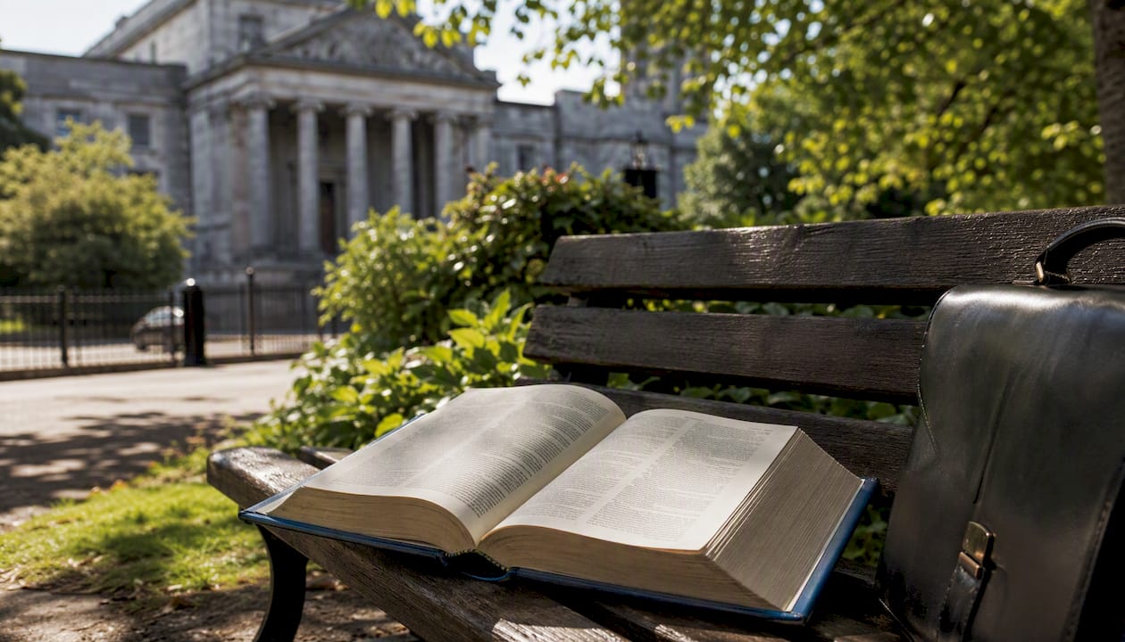 Open Scottish law book outside courthouse