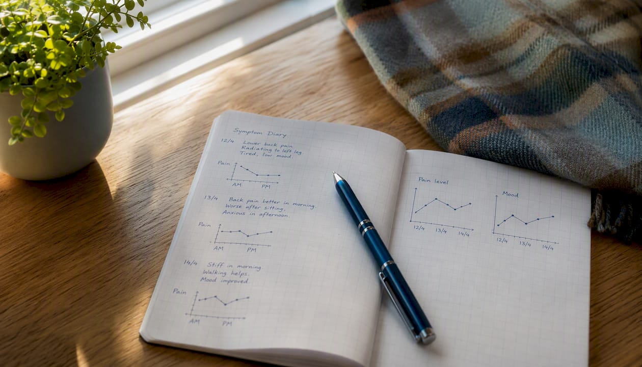 Open symptom diary with pen on wooden desk